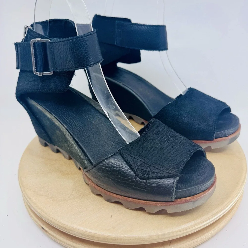 Sorel Joanie II Wedge Sandals Womens 8.5 Black Ankle Strap Zipper Shoes